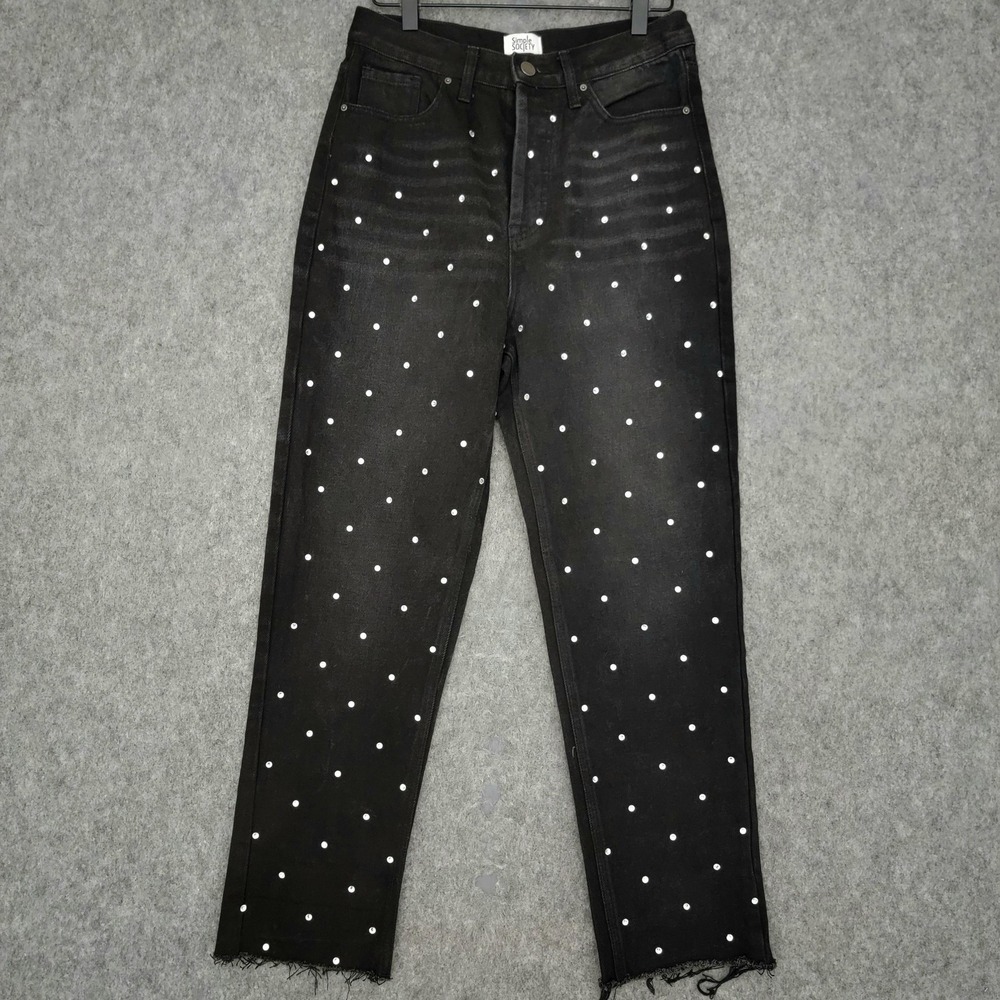 Simple Society Jeans Juniors 5/27 Black High Rise Crop Mom Rhinestone Frayed‎